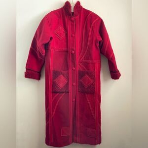 Coloratura Long Red Wool Hand-Sewn Coat | Size S/M
